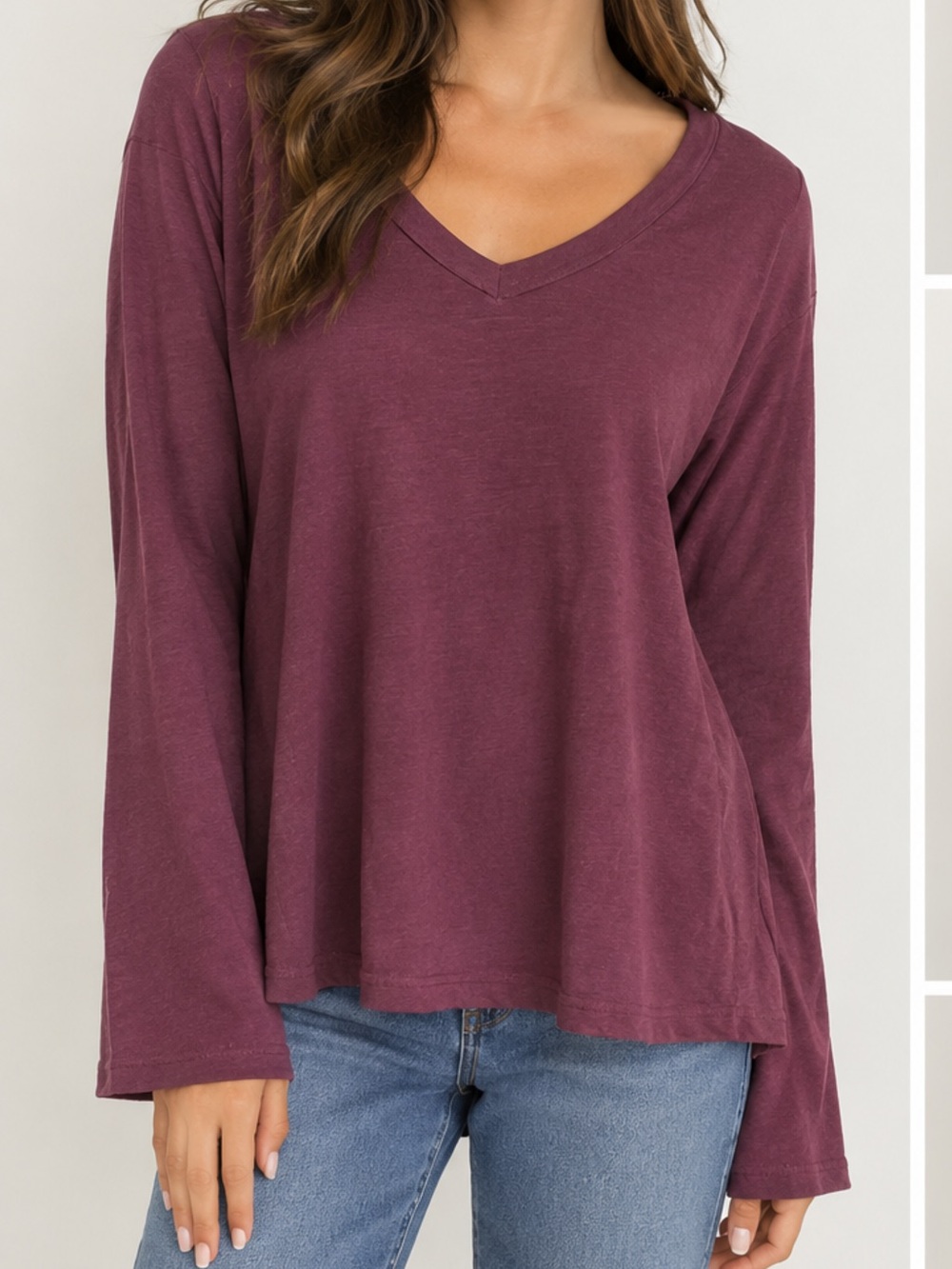 Made in Italy Cotton Women's Long Sleeve V-Neck Top in Plum